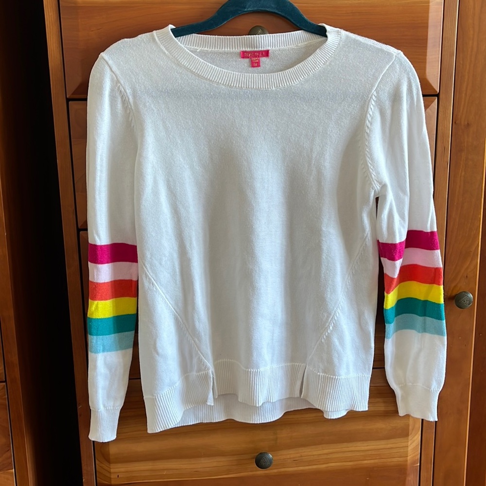 me.n.u Rainbow sleeve sweater, size medium. White cotton/acrylic blend sweater